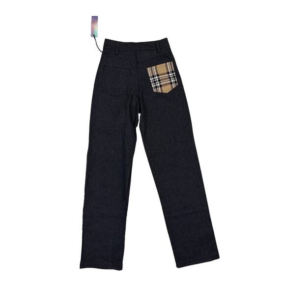 Finesse - Plaid & Lace Straight Leg Jeans in Gray & Tan - Picture 3 of 4